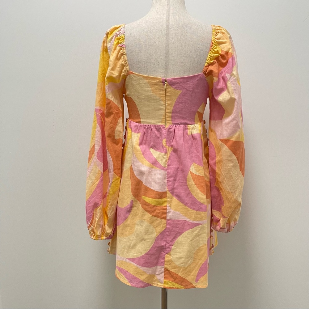 Sabo Alya Babydoll Pink Yellow Long Puff Sleeve Mini Dress Size X-Small - Picture 9 of 16
